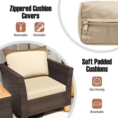 3 Pieces Patio Rattan Bistro Furniture Set with Wooden Table Top