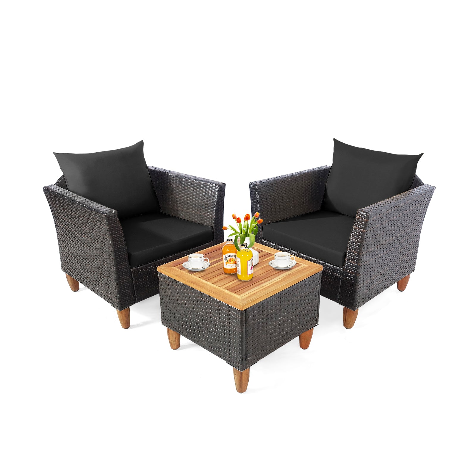 3 Pieces Patio Rattan Bistro Furniture Set with Wooden Table Top-Black - Black