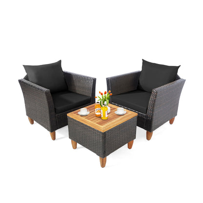 3 Pieces Patio Rattan Bistro Furniture Set with Wooden Table Top-Black - Black