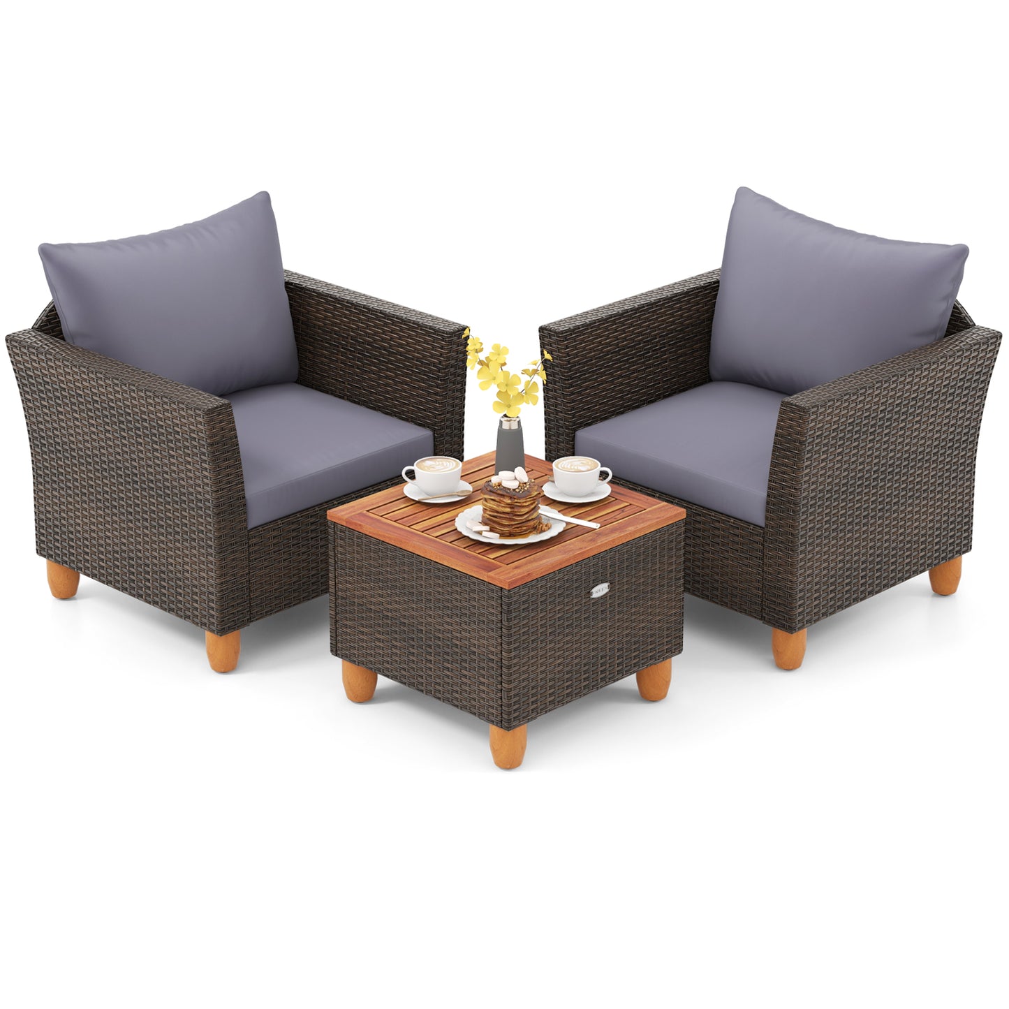 3 Pieces Patio PE Wicker Furniture Set with Cushions and Acacia Wood Storage Coffee Table-Black - Gray