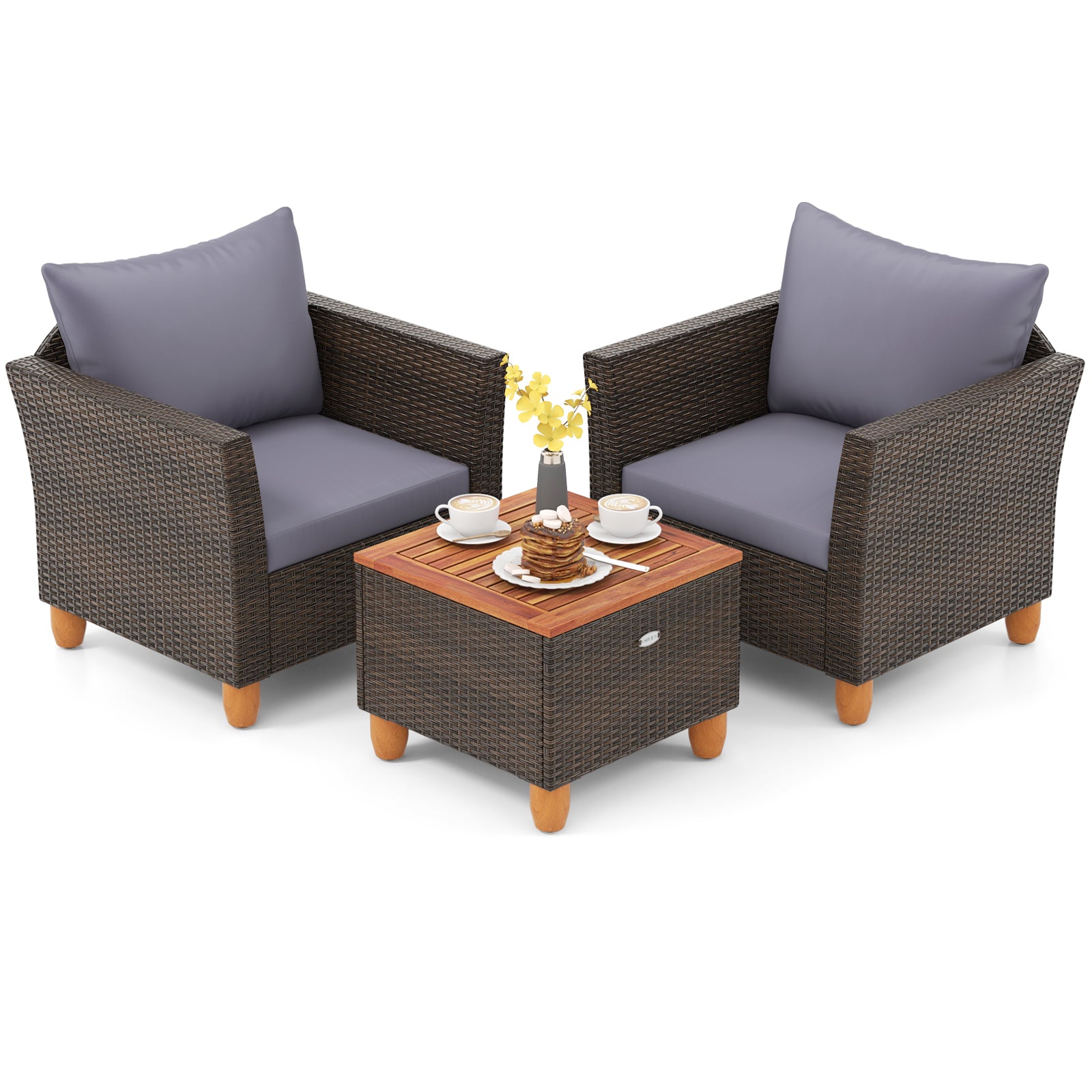 3 Pieces Patio PE Wicker Furniture Set with Cushions and Acacia Wood Storage Coffee Table-Black - Gray