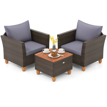 3 Pieces Patio PE Wicker Furniture Set with Cushions and Acacia Wood Storage Coffee Table-Black - Gray