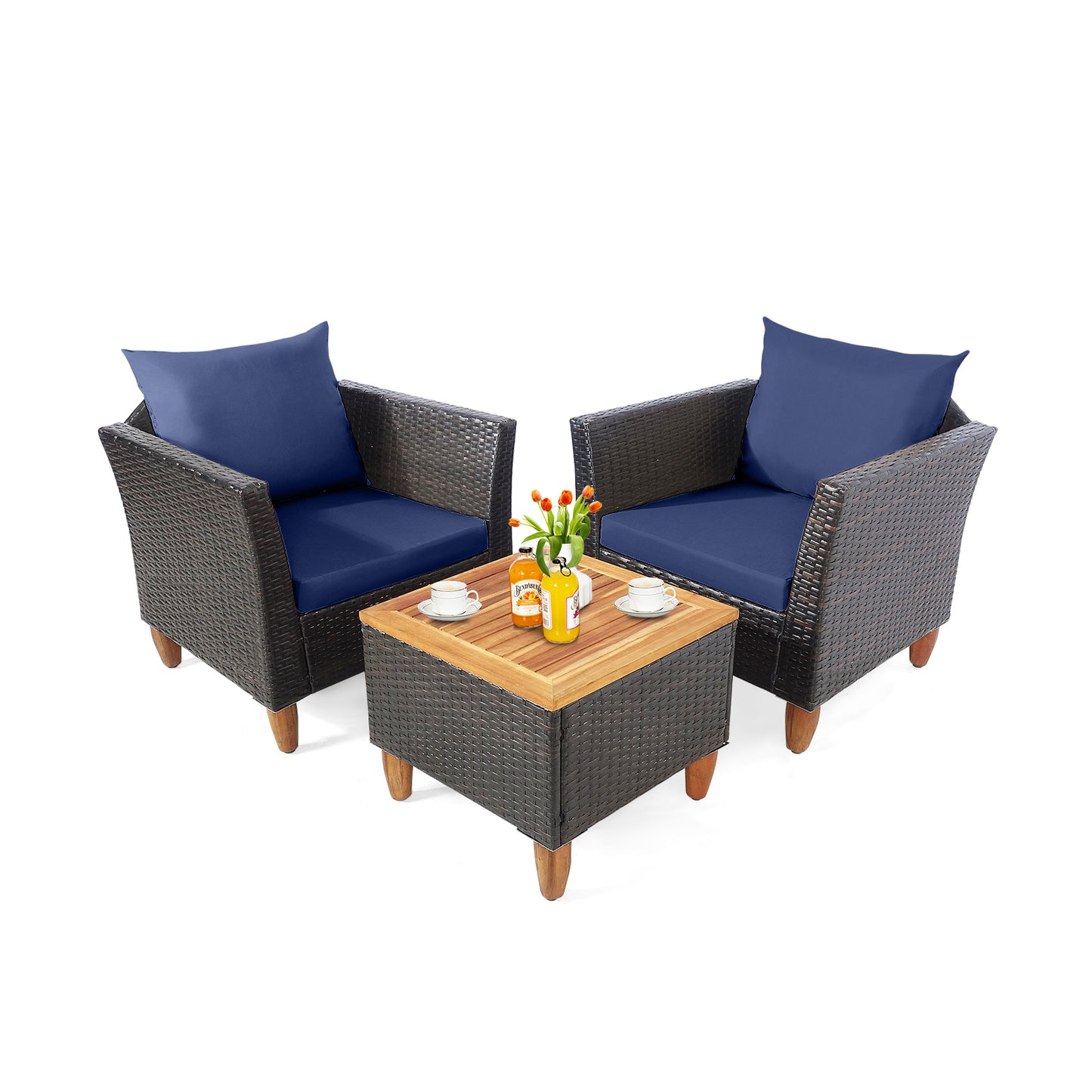 3 Pieces Patio Rattan Bistro Furniture Set with Wooden Table Top-Black - Navy