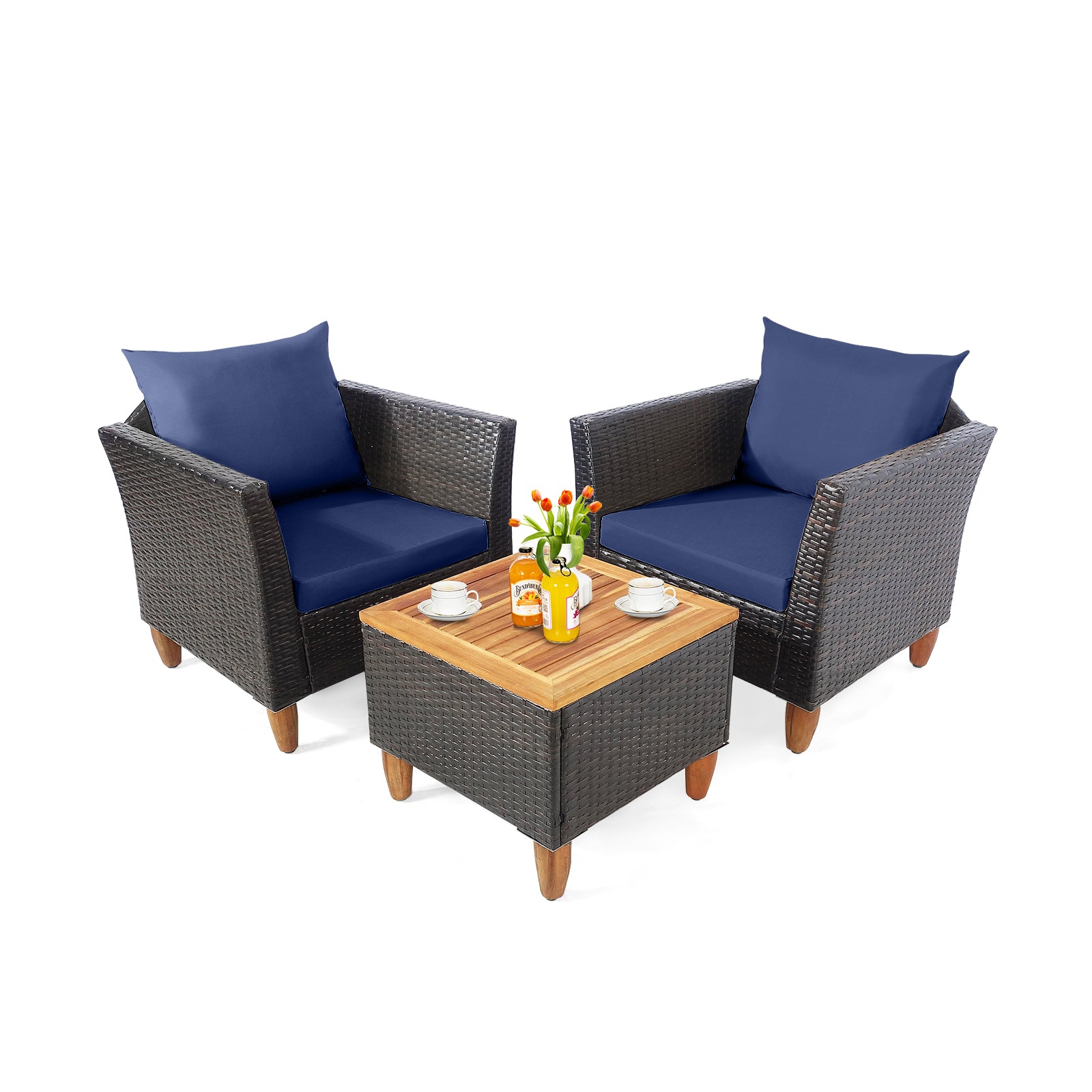 3 Pieces Patio Rattan Bistro Furniture Set with Wooden Table Top-Black - Navy