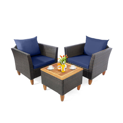 3 Pieces Patio Rattan Bistro Furniture Set with Wooden Table Top-Black - Navy