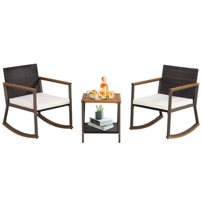 3 Pieces Rattan Rocking Bistro Set with Coffee Table and Cushions-Navy - Off White