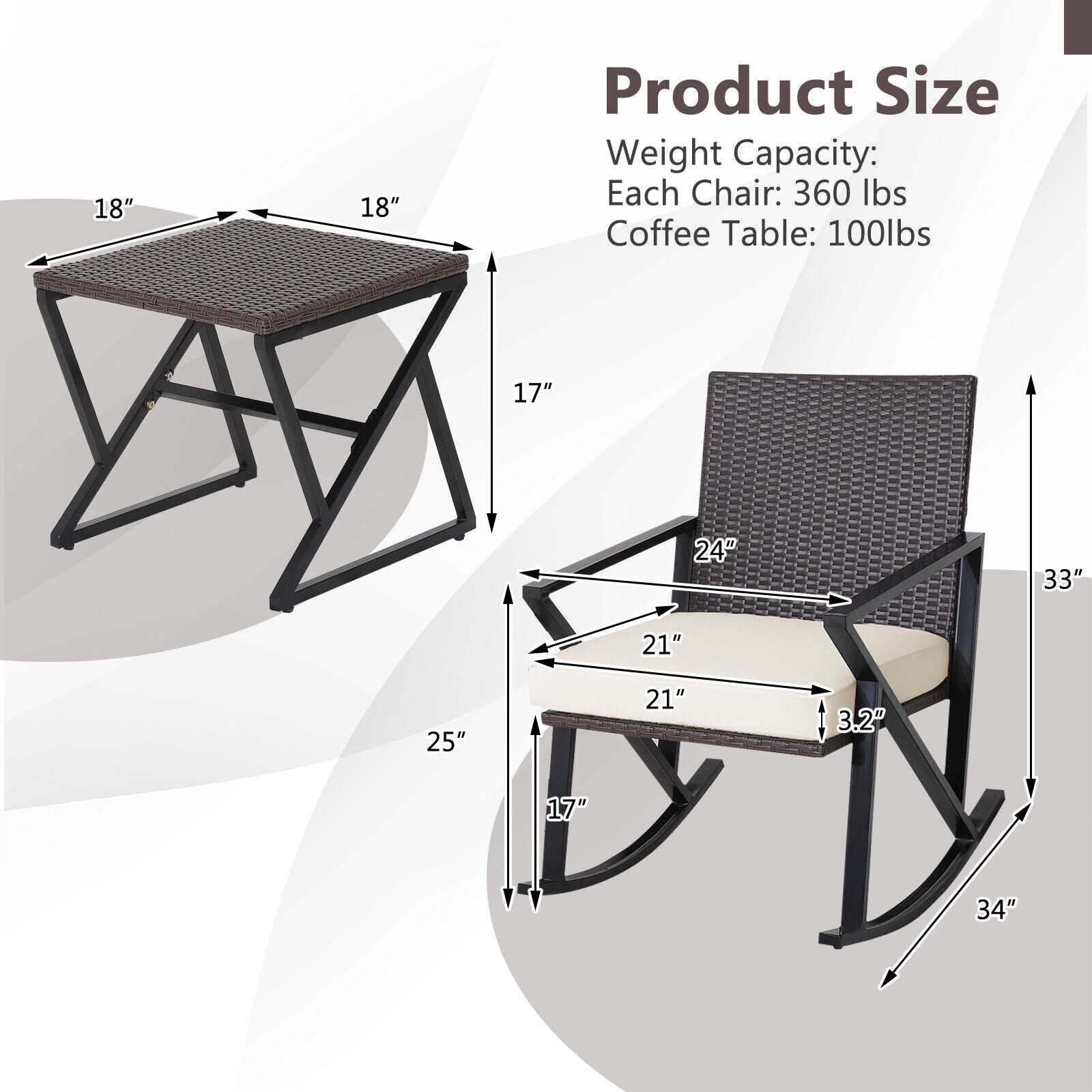 3 Piece Patio Wicker Rocking Chairs Set with Heavy-Duty Metal Frame