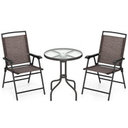 3 Pieces Patio Round Table and Folding Chairs Set with Rippled Tempered Glass Tabletop