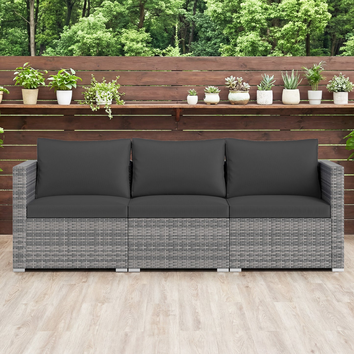 3 Pieces Patio Sectional Sofa Set PE Rattan Modular Couch Furniture Set with Soft Cushions-Black