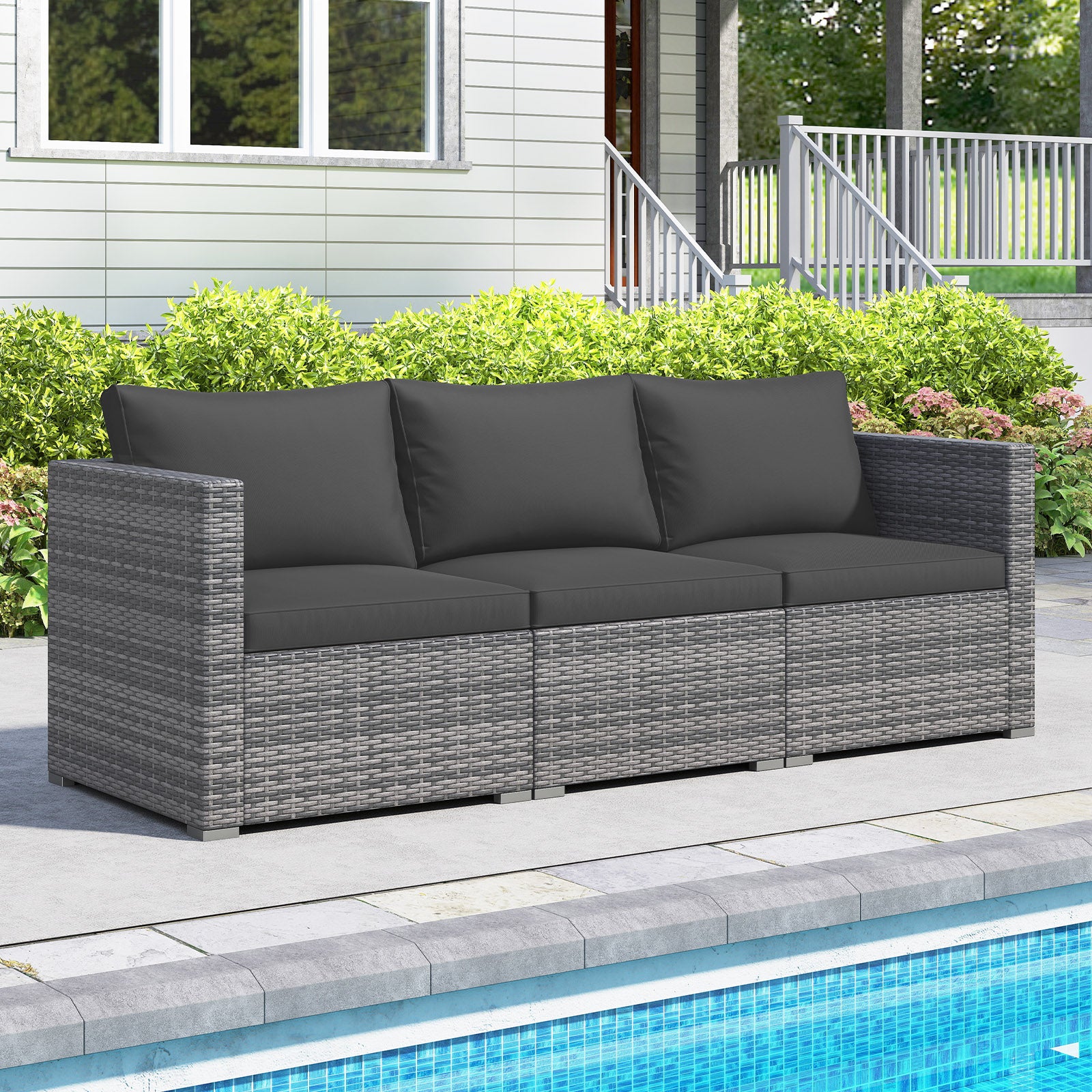 3 Pieces Patio Sectional Sofa Set PE Rattan Modular Couch Furniture Set with Soft Cushions-Black