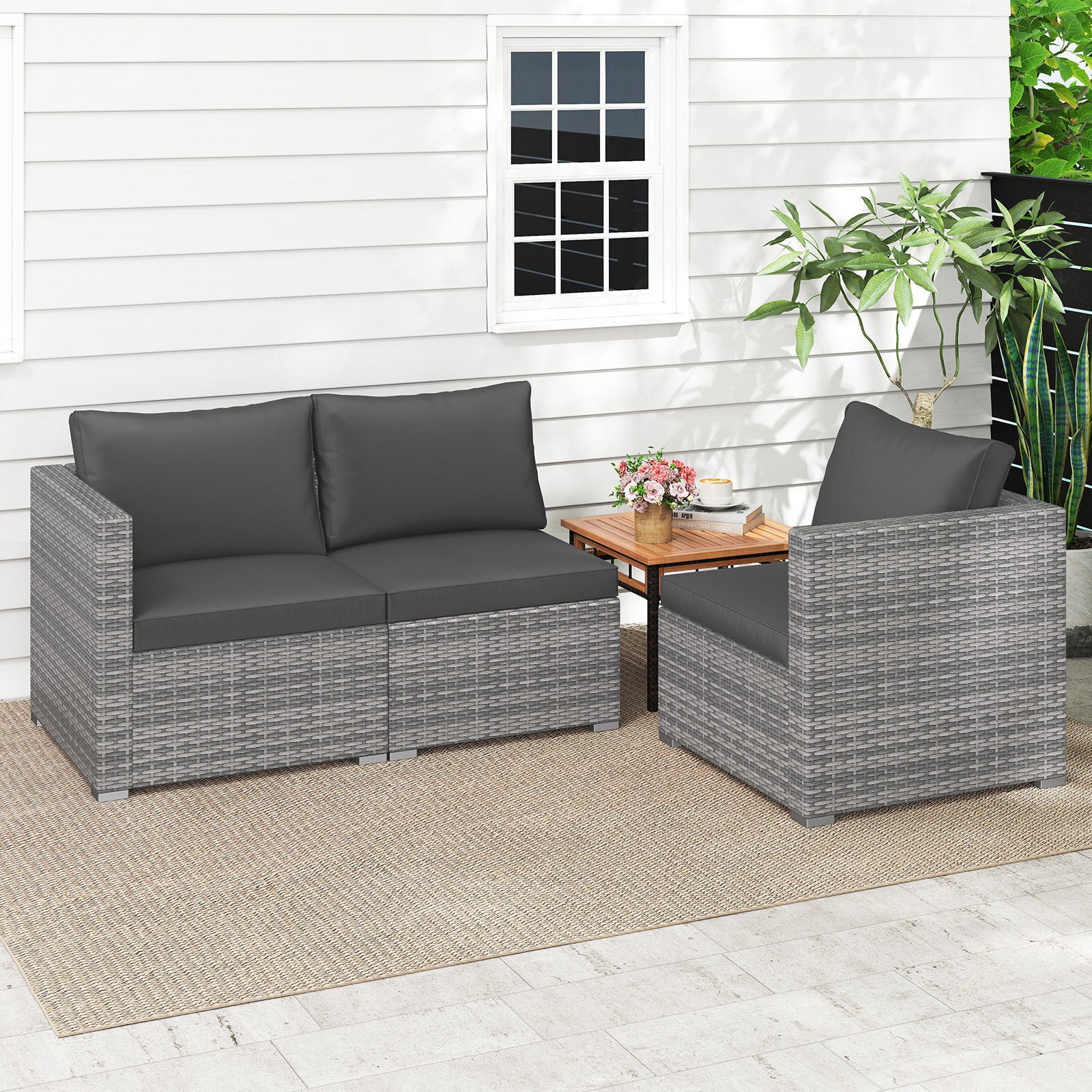 3 Pieces Patio Sectional Sofa Set PE Rattan Modular Couch Furniture Set with Soft Cushions-Black