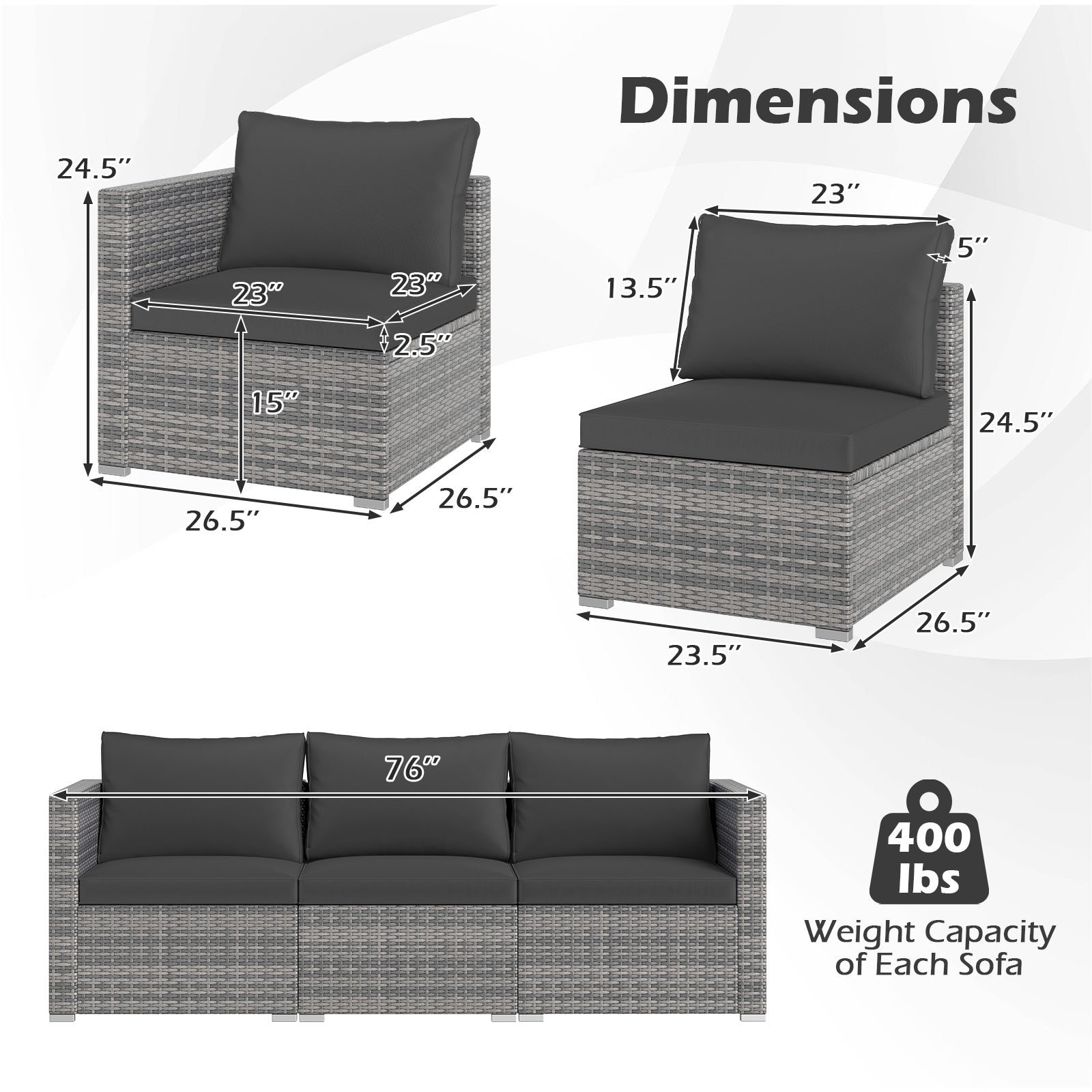 3 Pieces Patio Sectional Sofa Set PE Rattan Modular Couch Furniture Set with Soft Cushions-Black