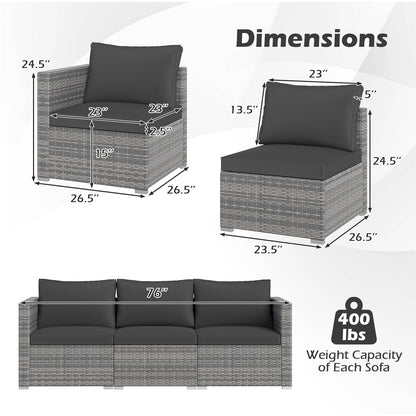 3 Pieces Patio Sectional Sofa Set PE Rattan Modular Couch Furniture Set with Soft Cushions-Black