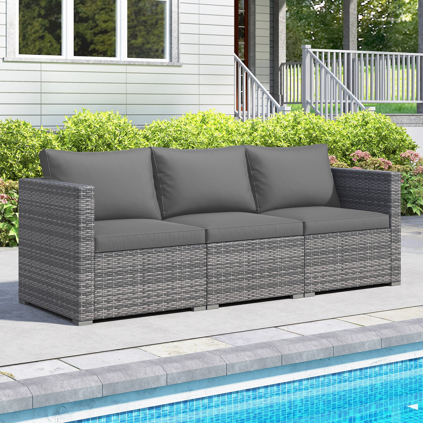 3 Pieces Patio Sectional Sofa Set PE Rattan Modular Couch Furniture Set with Soft Cushions-Gray