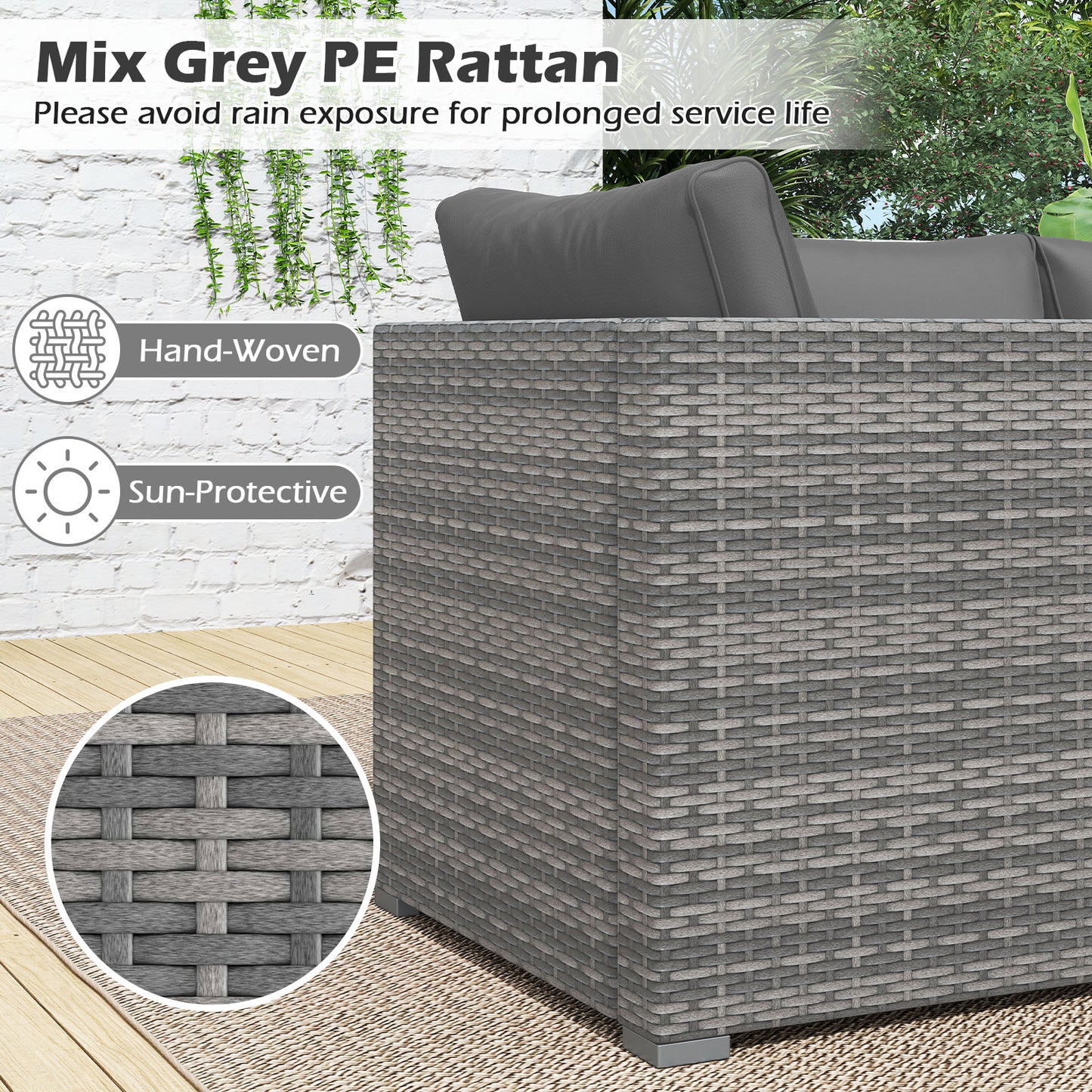 3 Pieces Patio Sectional Sofa Set PE Rattan Modular Couch Furniture Set with Soft Cushions-Gray
