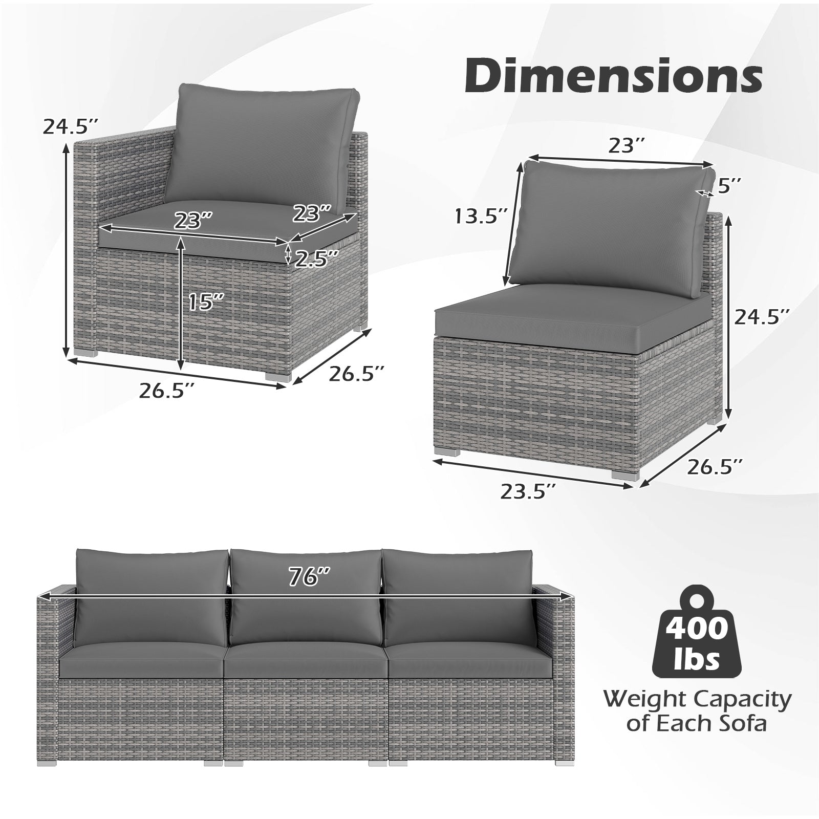 3 Pieces Patio Sectional Sofa Set PE Rattan Modular Couch Furniture Set with Soft Cushions-Gray
