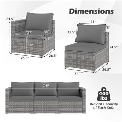 3 Pieces Patio Sectional Sofa Set PE Rattan Modular Couch Furniture Set with Soft Cushions-Gray