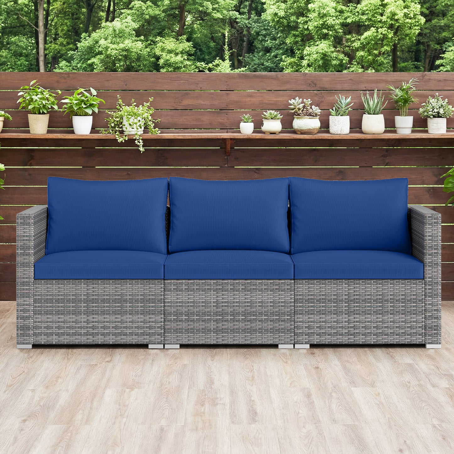 3 Pieces Patio Sectional Sofa Set PE Rattan Modular Couch Furniture Set with Soft Cushions-Navy