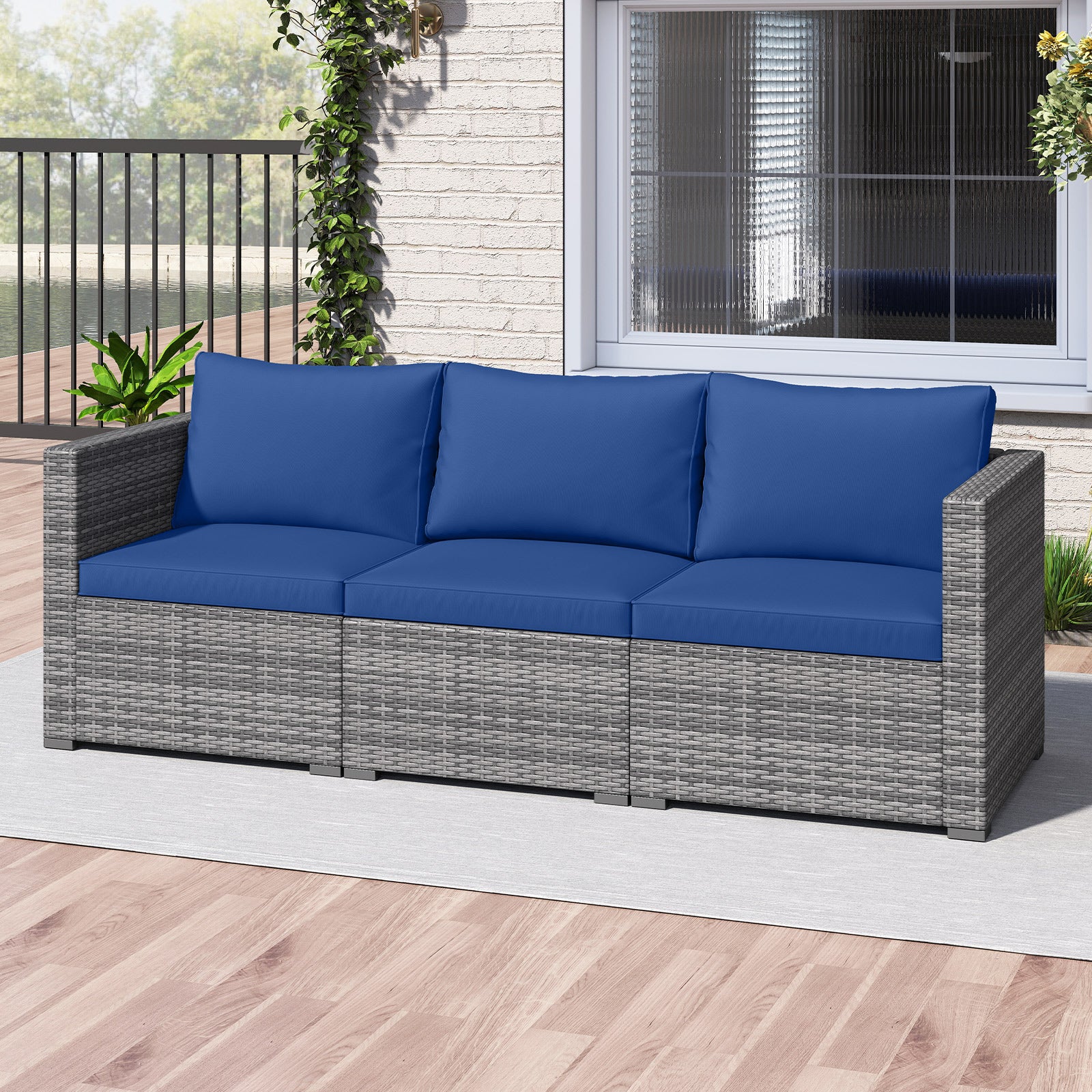 3 Pieces Patio Sectional Sofa Set PE Rattan Modular Couch Furniture Set with Soft Cushions-Navy