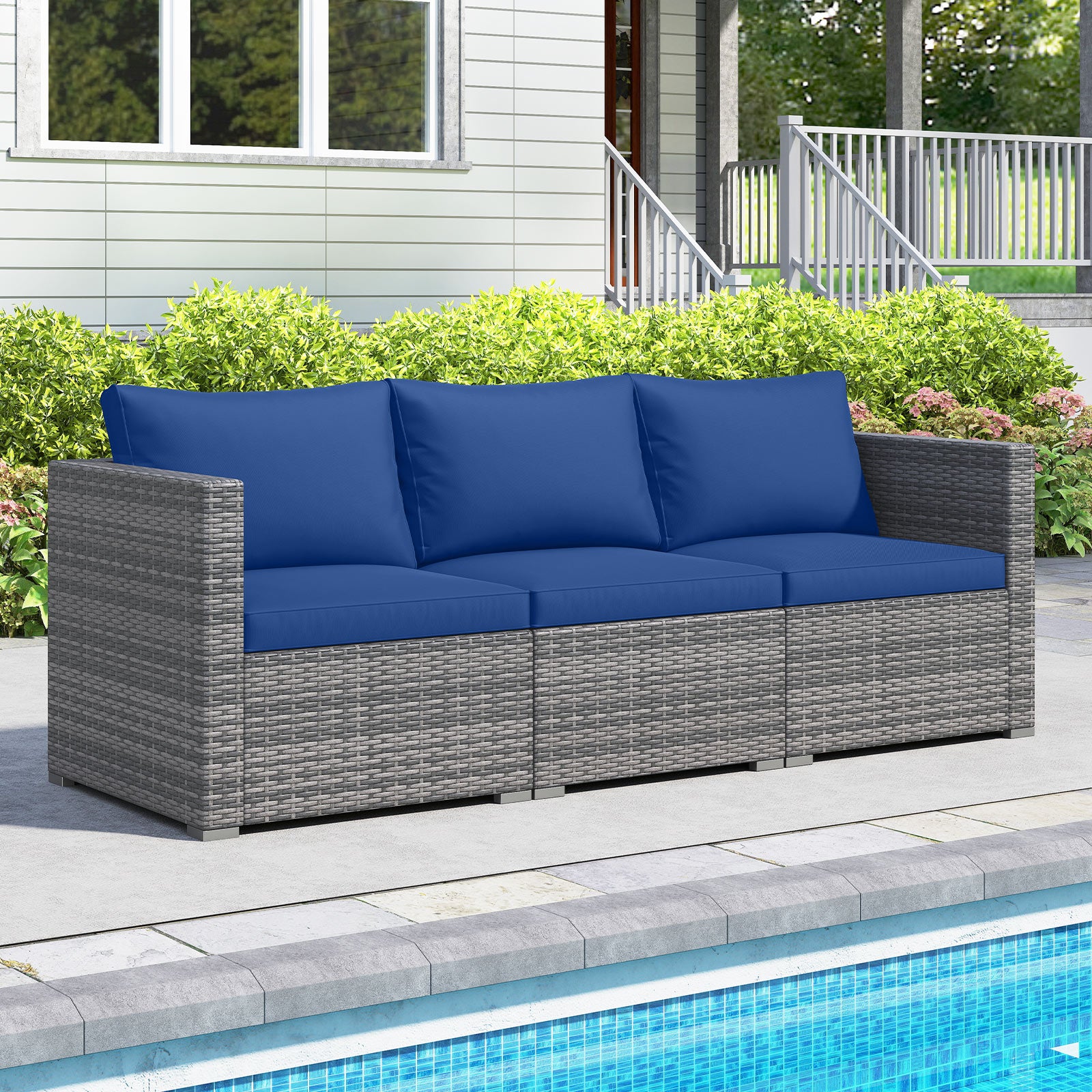 3 Pieces Patio Sectional Sofa Set PE Rattan Modular Couch Furniture Set with Soft Cushions-Navy