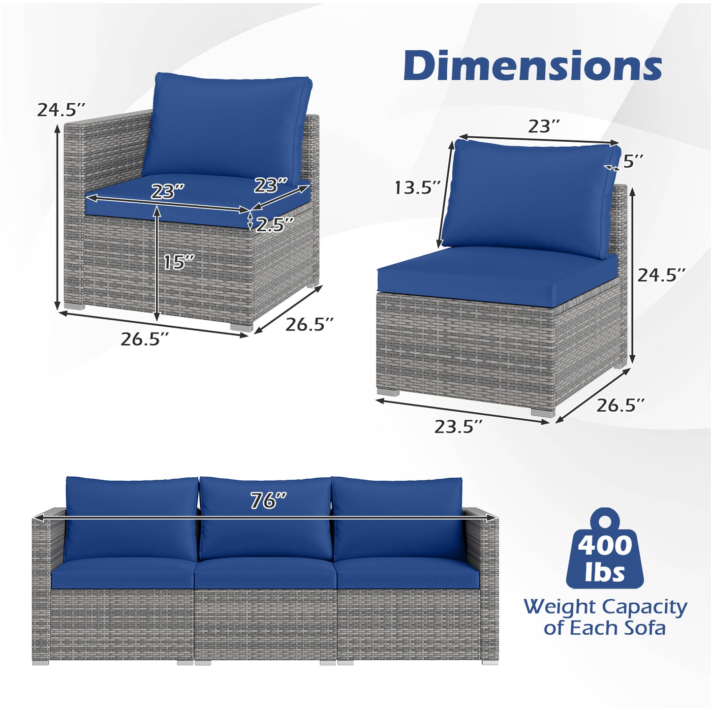 3 Pieces Patio Sectional Sofa Set PE Rattan Modular Couch Furniture Set with Soft Cushions-Navy