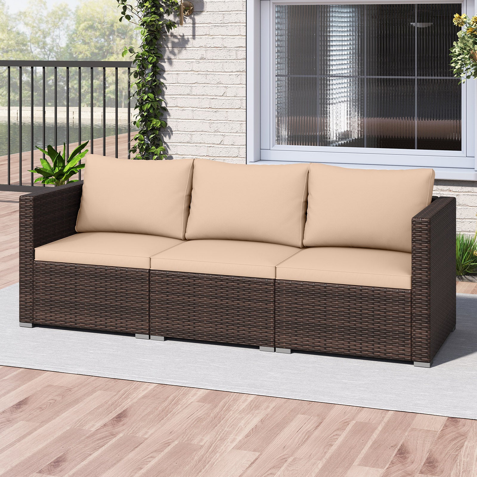 3 Pieces Patio Sectional Sofa Set with Soft Cushions-Beige