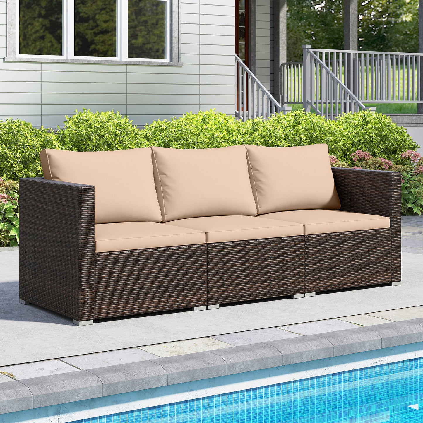 3 Pieces Patio Sectional Sofa Set with Soft Cushions-Beige
