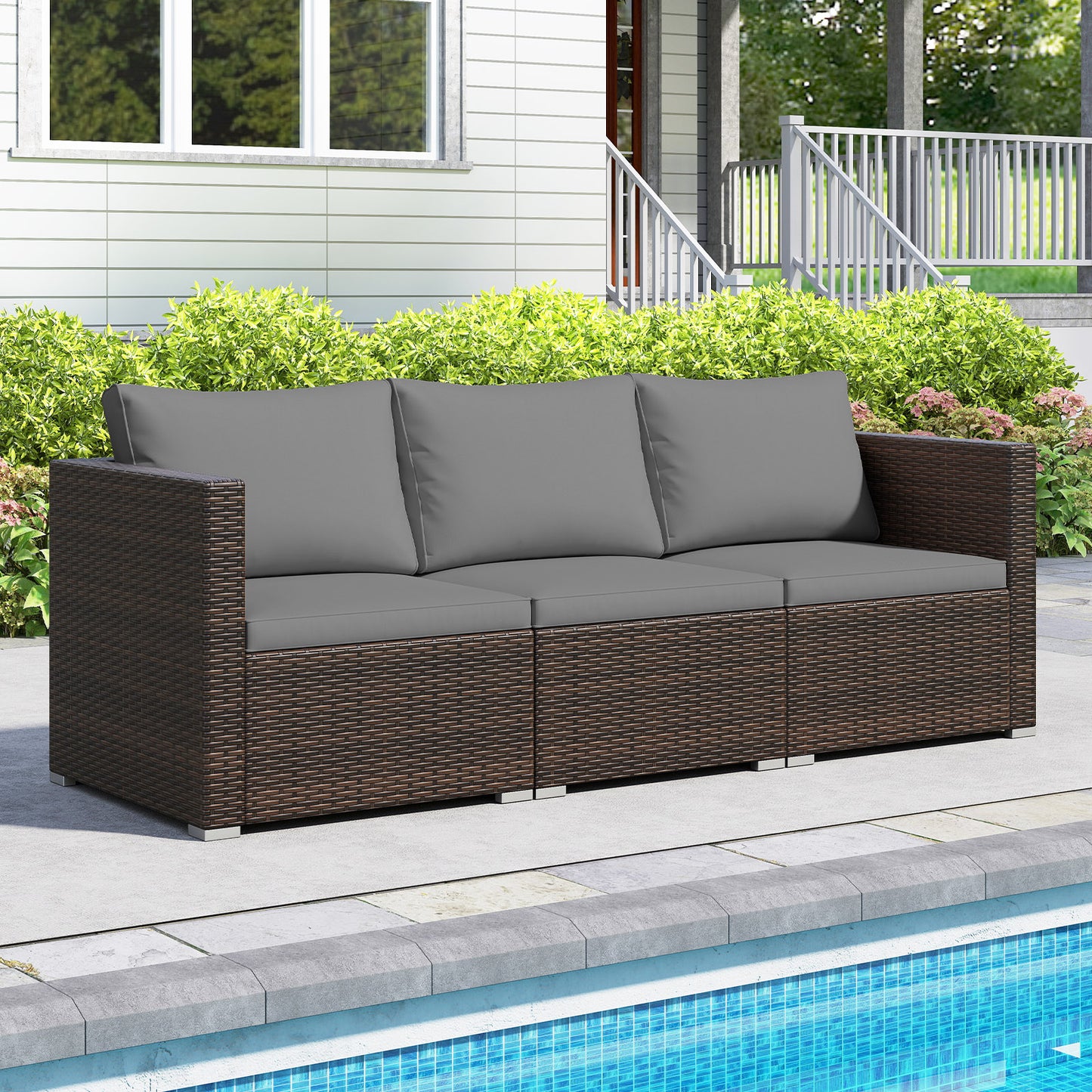 3 Pieces Patio Sectional Sofa Set with Soft Cushions-Gray