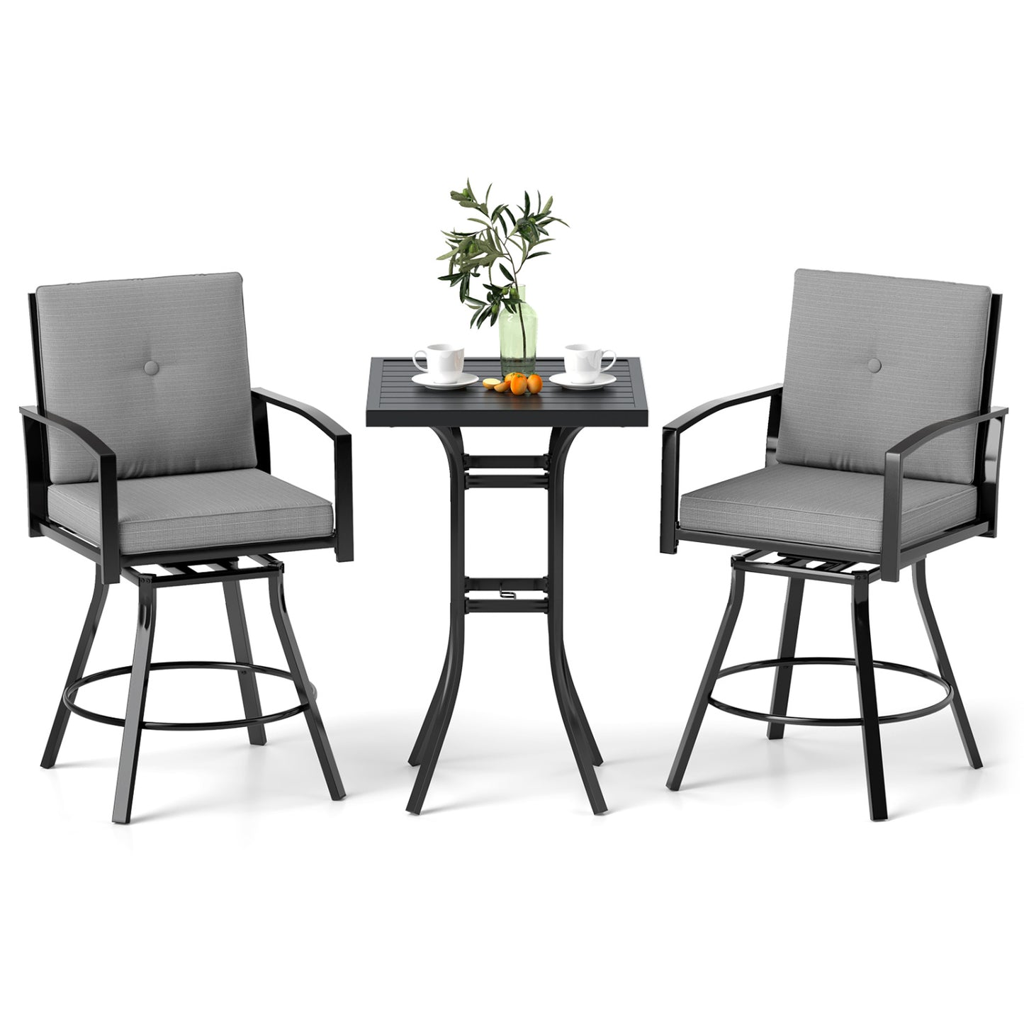 3-Piece Patio Swivel Bar Set with Cushions & Umbrella Hole