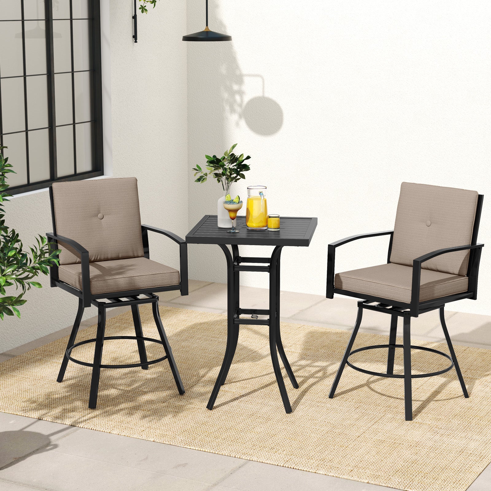 3 Pieces Patio Swivel Bar Set with Soft Cushions and Umbrella Hole-Brown
