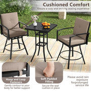 3 Pieces Patio Swivel Bar Set with Soft Cushions and Umbrella Hole-Brown