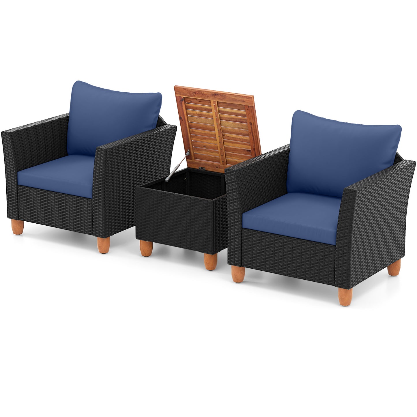 3 Pieces Outdoor Patio Rattan Furniture Set-Black - Navy