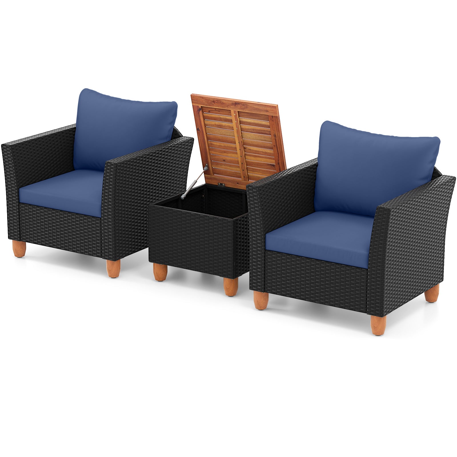 3 Pieces Outdoor Patio Rattan Furniture Set-Black - Navy