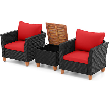 3 Pieces Outdoor Patio Rattan Furniture Set-Black - Red