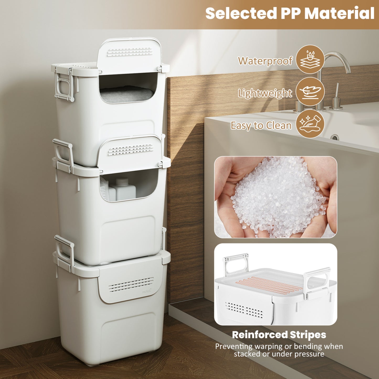 3 Pieces Plastic Storage Bins Stackable with Front Door and Side Handles-White