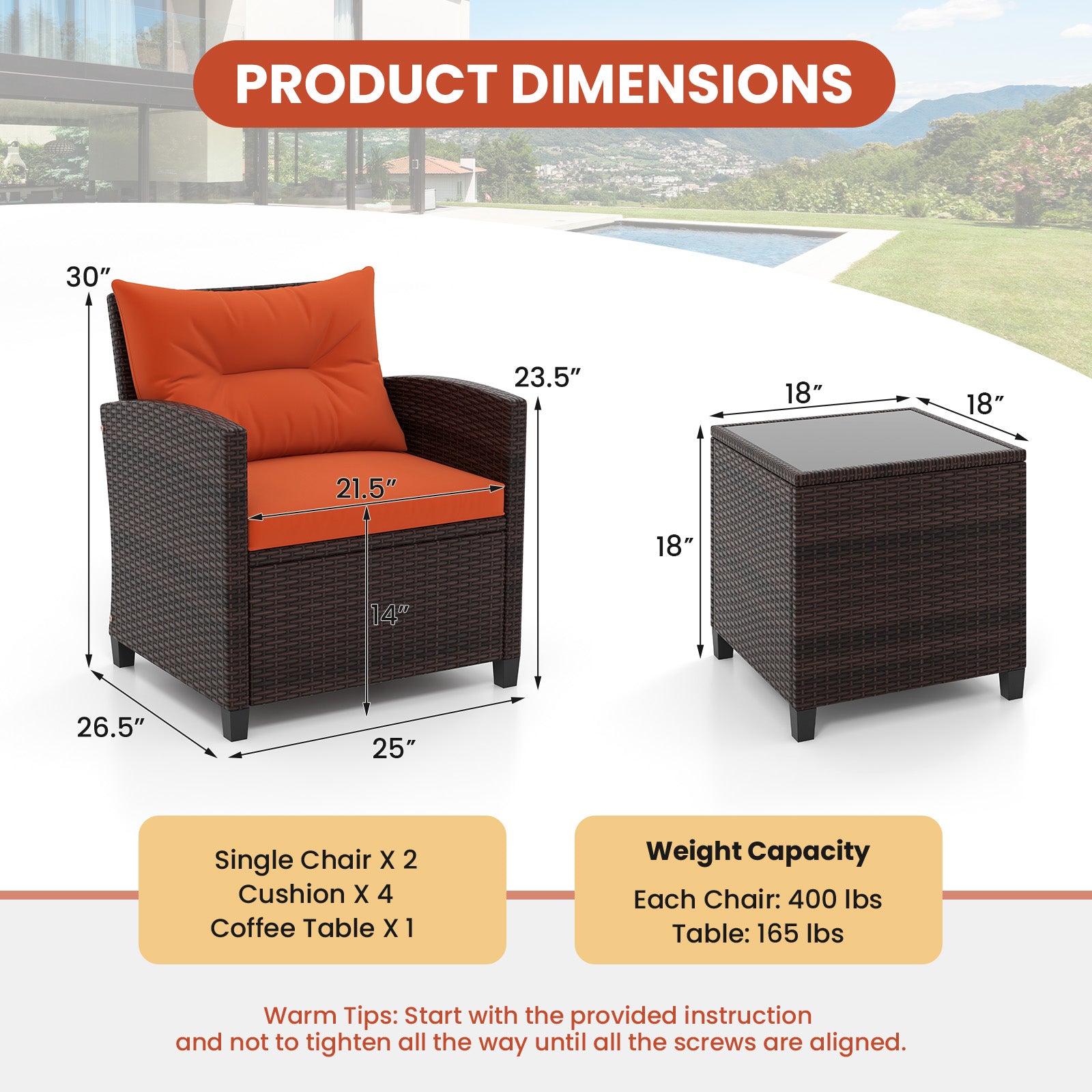 3 Pieces Rattan Patio Furniture Set with Washable Cushion-Beige & Turquoise - Orange