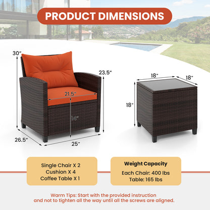 3 Pieces Rattan Patio Furniture Set with Washable Cushion-Beige & Turquoise - Orange