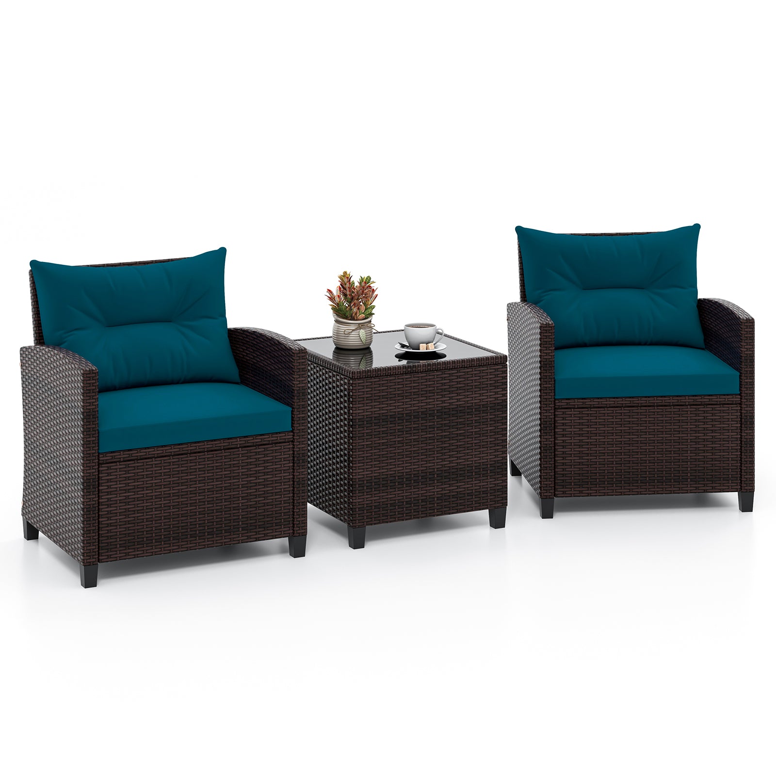 3 Pieces Rattan Patio Furniture Set with Washable Cushion-Beige & Turquoise - Peacock Blue
