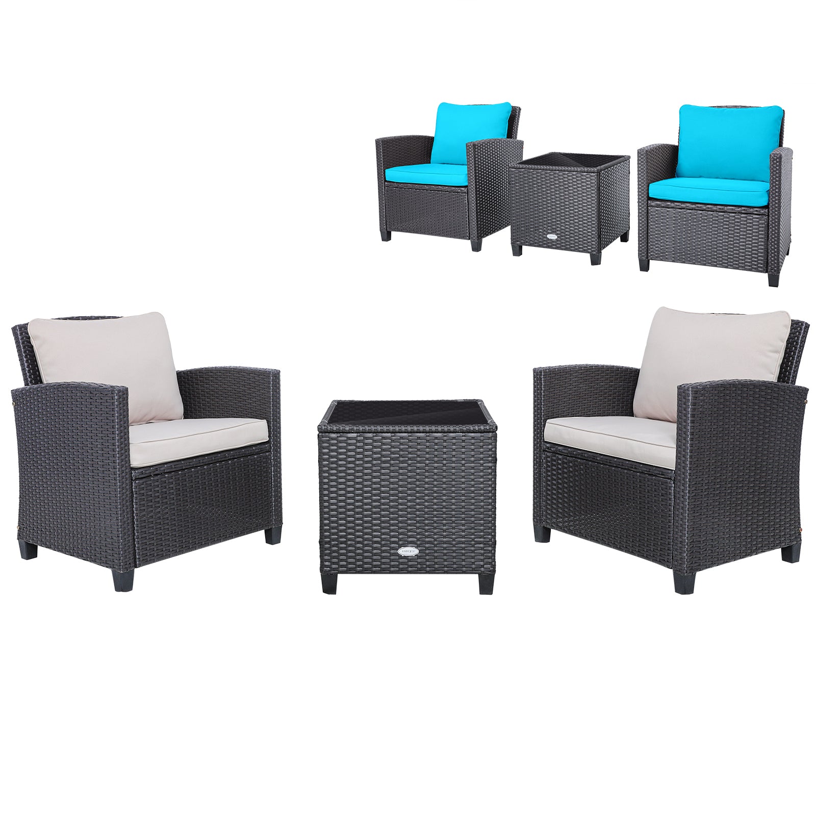 3 Pieces Rattan Patio Furniture Set with Washable Cushion-Beige & Turquoise - Beige & Turquoise