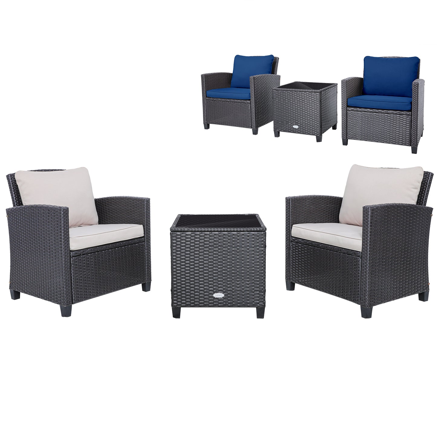 3 Pieces Rattan Patio Furniture Set with Washable Cushion-Beige & Turquoise - Dark Blue