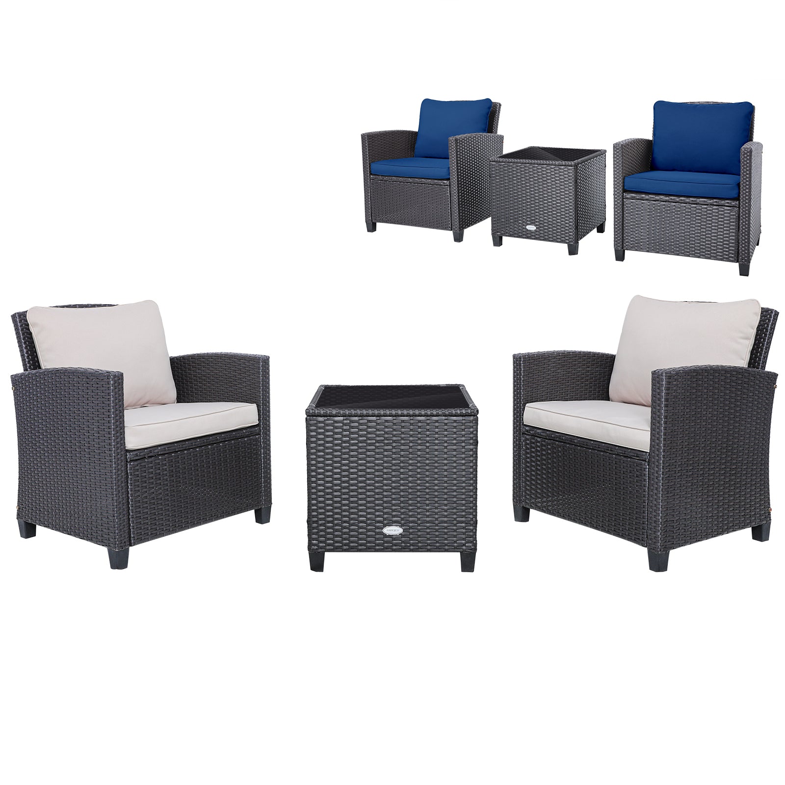 3 Pieces Rattan Patio Furniture Set with Washable Cushion-Beige & Turquoise - Dark Blue
