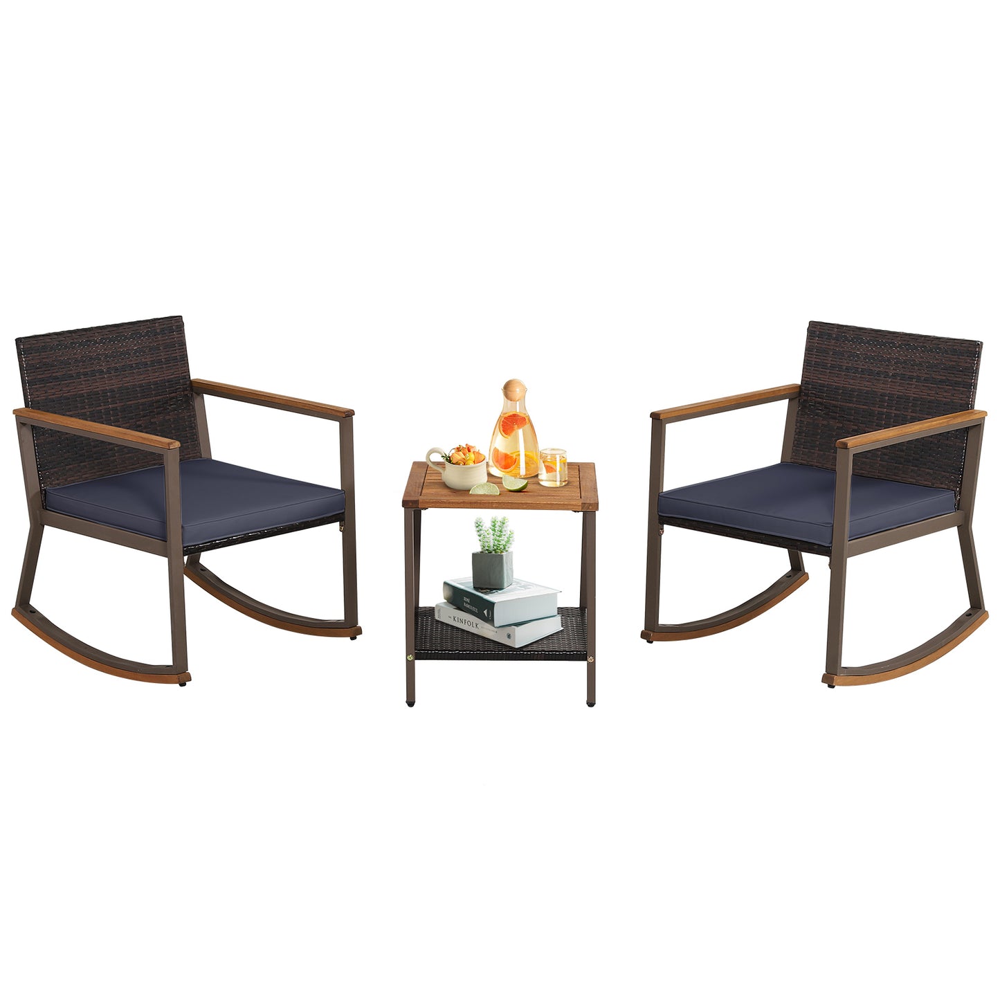 3 Pieces Rattan Rocking Bistro Set with Coffee Table and Cushions-Navy - Navy