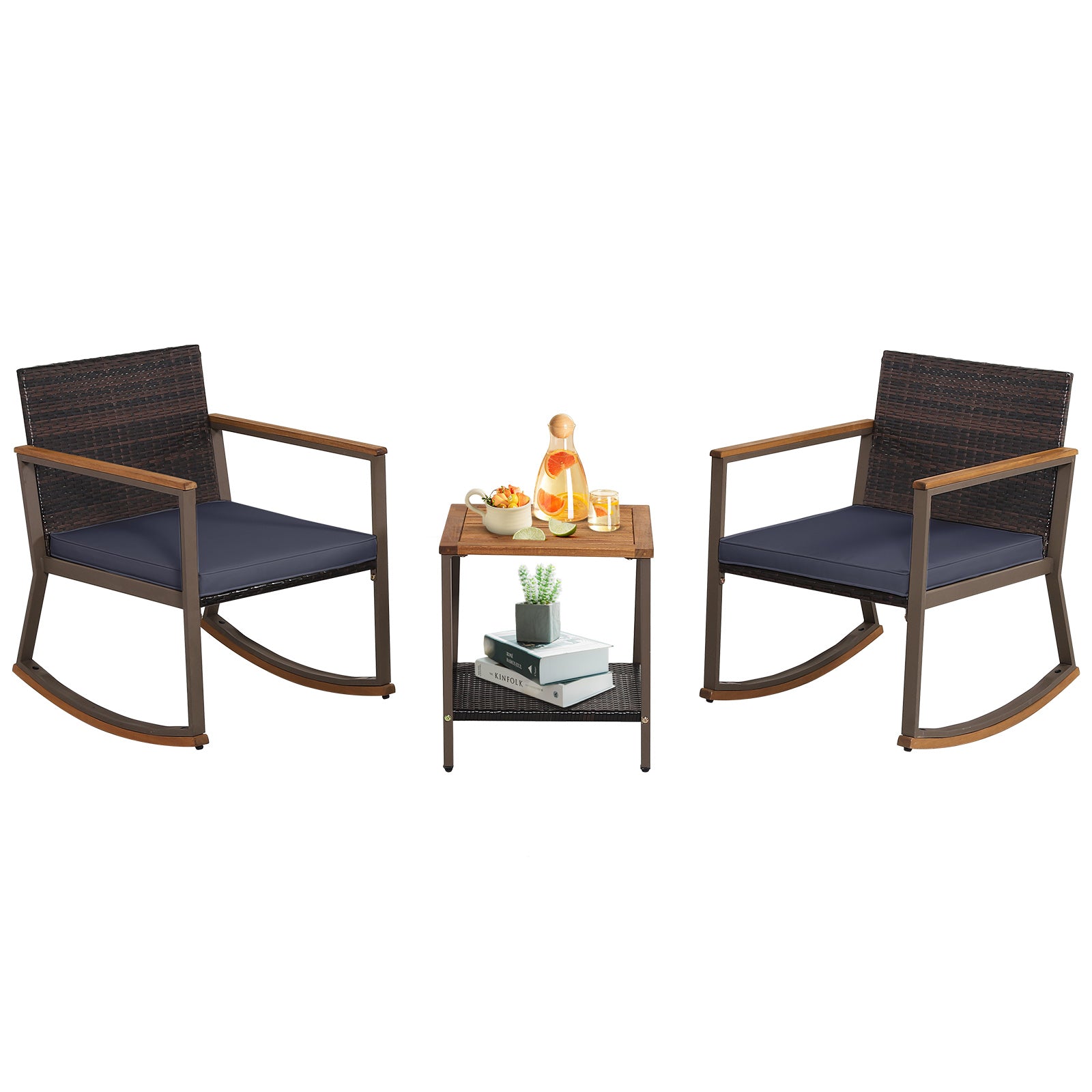 3 Pieces Rattan Rocking Bistro Set with Coffee Table and Cushions-Navy - Navy