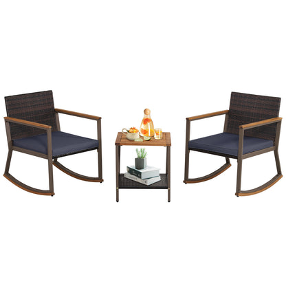 3 Pieces Rattan Rocking Bistro Set with Coffee Table and Cushions-Navy - Navy