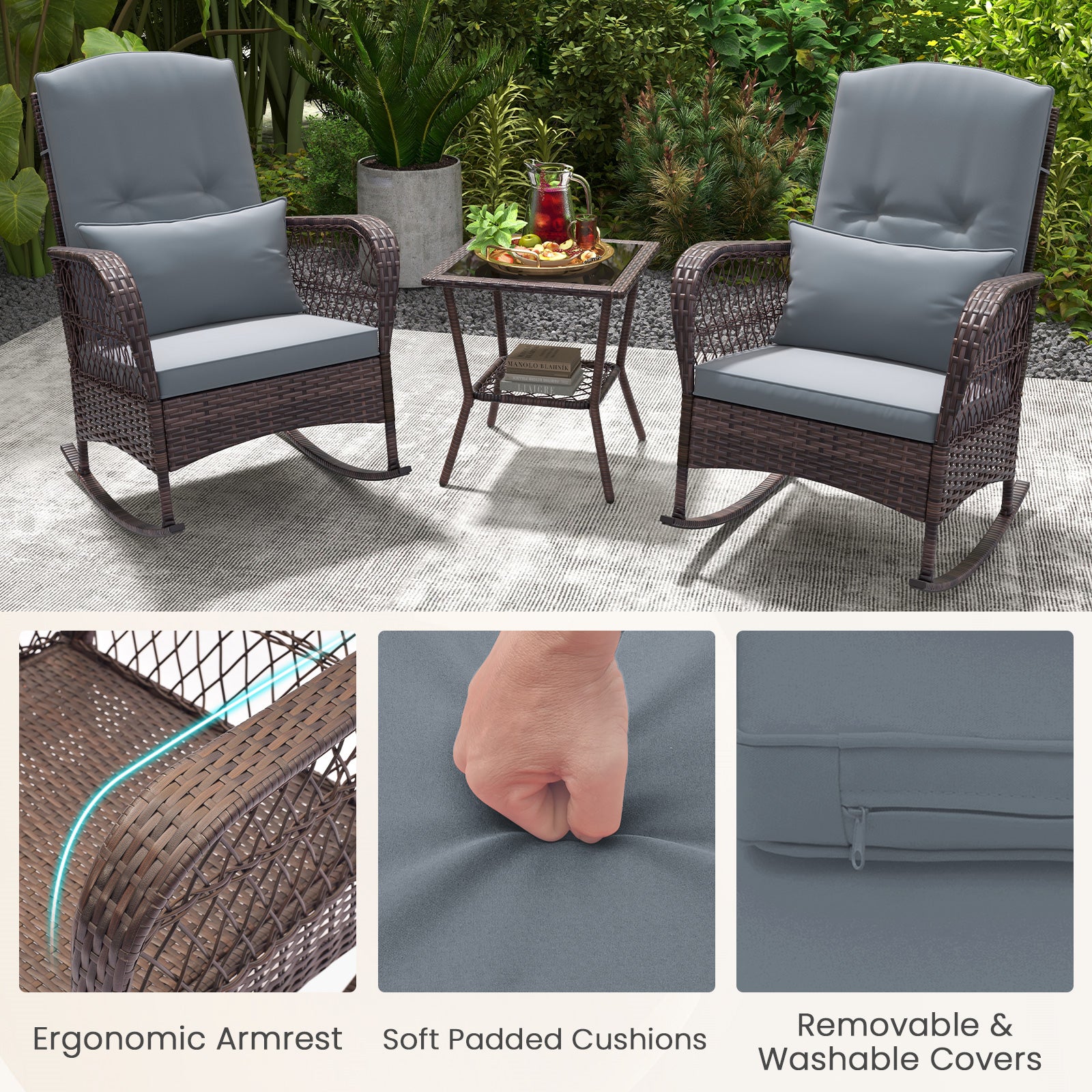 3 Pieces Rocking Bistro Set with 2-Tier Coffee Table-Gray