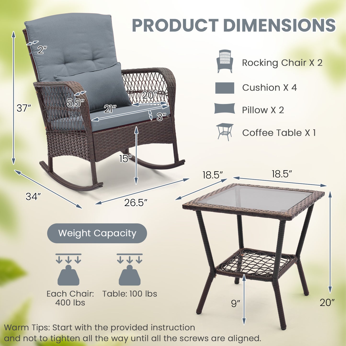 3 Pieces Rocking Bistro Set with 2-Tier Coffee Table-Gray