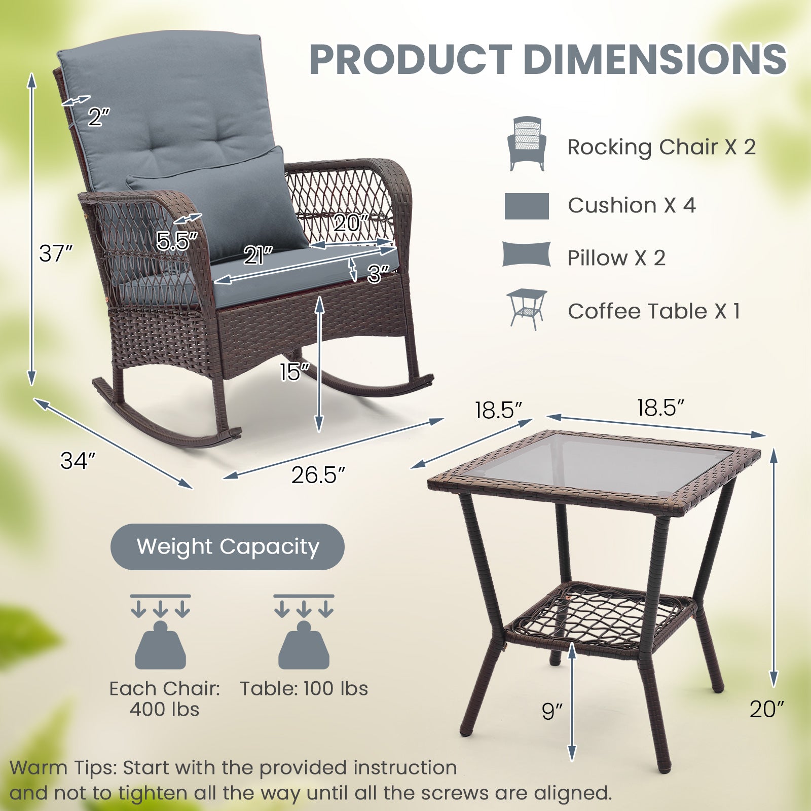 3 Pieces Rocking Bistro Set with 2-Tier Coffee Table-Gray