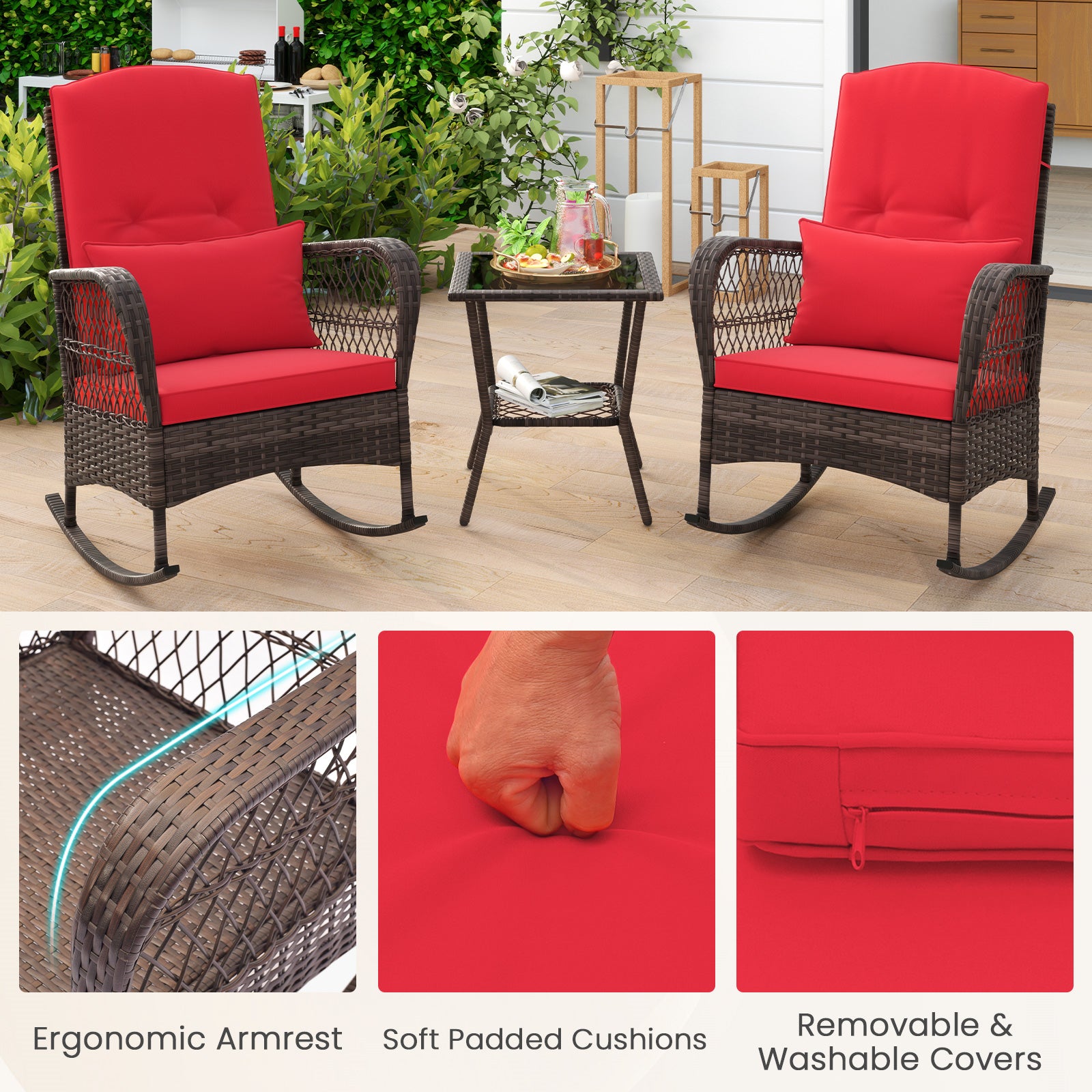 3 Pieces Rocking Bistro Set with 2-Tier Coffee Table-Red