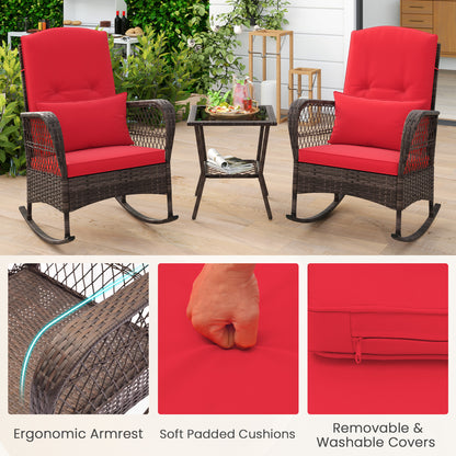 3 Pieces Rocking Bistro Set with 2-Tier Coffee Table-Red