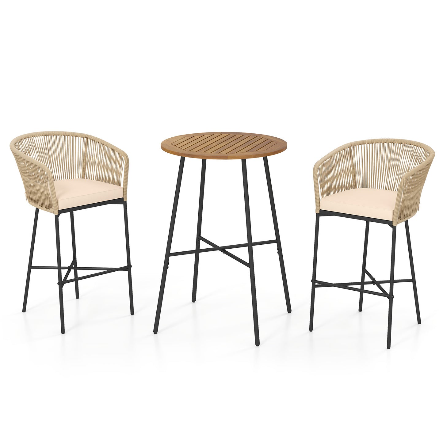 3 Pieces Rope Woven Patio Bar Set with Soft Cushions and Acacia Wood Tabletop-Beige